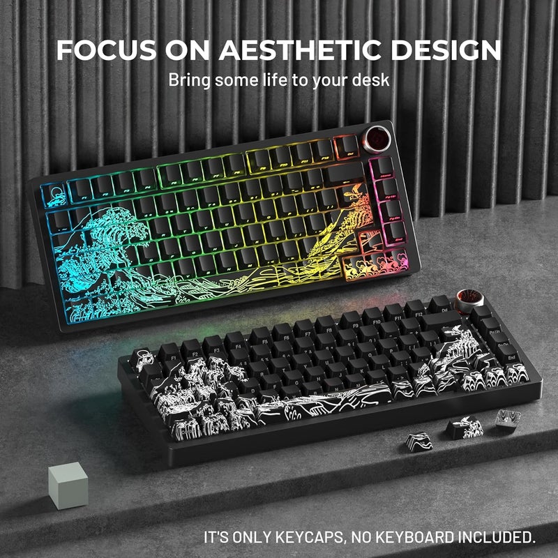 HITIME x XVX Kanagawa Keycaps 60 75 100 Percent - Shine Through Keycaps w/IMD Tech, for Mechanical Keyboards, Full 118 Key Set, OEM Profile, Lines Backlit, Side Printed - Black - Image 2